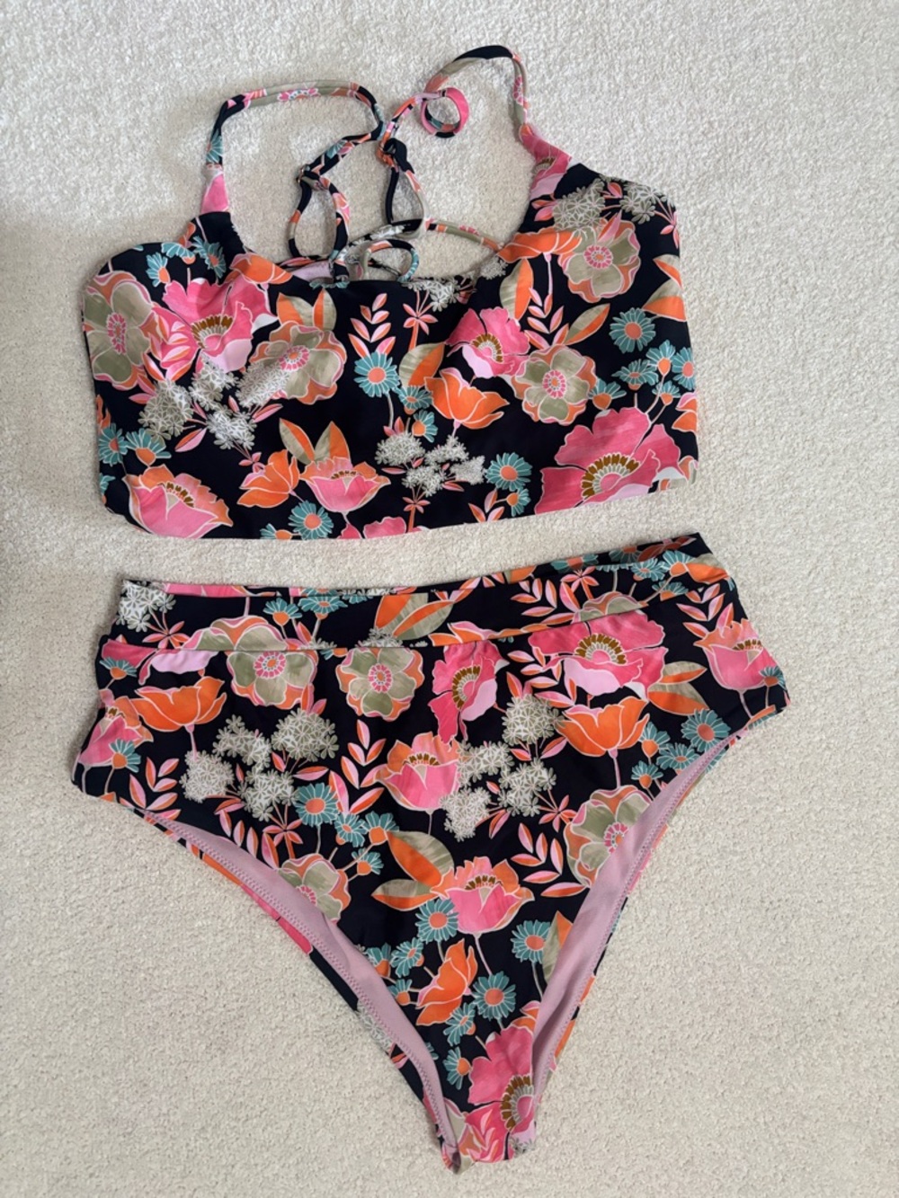 Raisins Floral High-Waist Bikini Set in Black with Pink & Orange Flowers